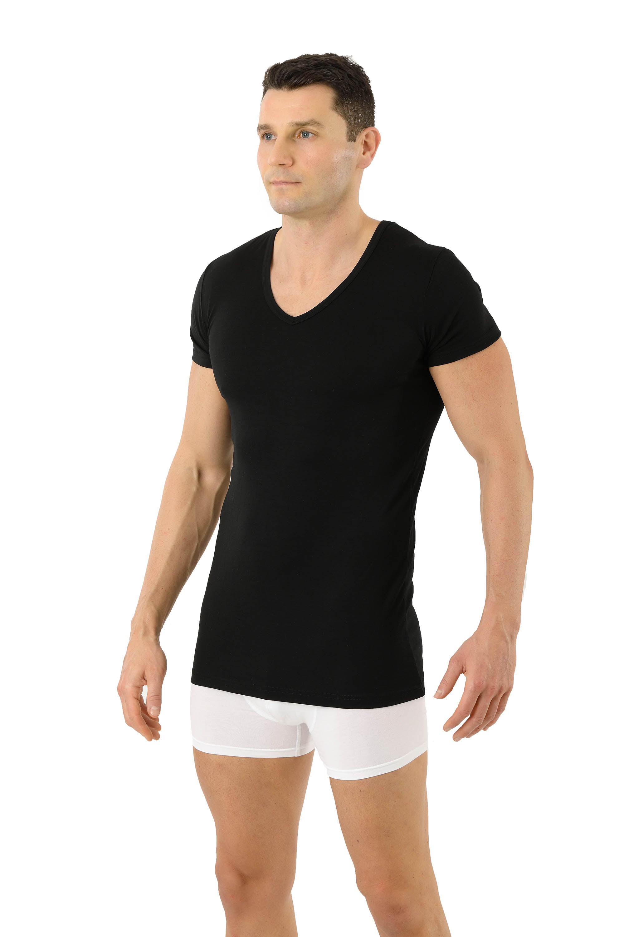 Herren Unterhemd Merino Wolle Mulesing-frei Kurzarm V-Ausschnitt schwarz