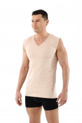 Laser cut invisible seamless v-neck undershirt sleeveless stretch cotton beige 