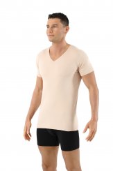 Laser cut invisible seamless v-neck undershirt short sleeves stretch cotton beige 