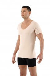 Laser cut invisible seamless deep v-neck undershirt short sleeves stretch cotton beige 