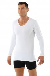 Men's long sleeve undershirt with v-neck organic stretch cotton white 