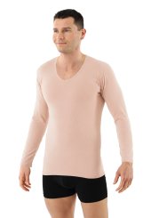 Men's long sleeve undershirt with v-neck organic stretch cotton beige 