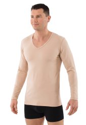 Men's long sleeve undershirt with v-neck organic stretch cotton beige 