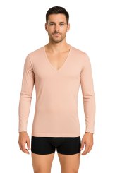 Men's long sleeve undershirt with v-neck organic stretch cotton beige 