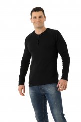Long sleeve henley shirt ribbed organic stretch cotton black 