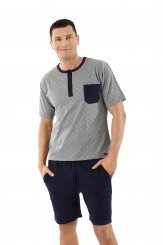 Men's pajamas with short sleeves and short pants stretch cotton, navy blue-gray 