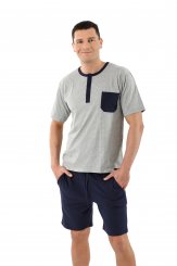 Men's pajamas with short sleeves and short pants stretch cotton, navy blue-gray 