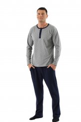 Men's pajamas with long sleeves and long pants stretch cotton navy blue-gray 