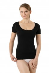 Laser cut seamless undershirt deep scoop neck short sleeves stretch cotton black 