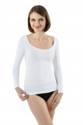 Women's long sleeve undershirt with deep scoop neck organic stretch cotton white 