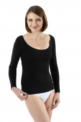 Women's long sleeve undershirt with deep scoop neck organic stretch cotton black 