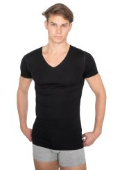 Laser cut seamless v-neck undershirt short sleeves stretch cotton black 