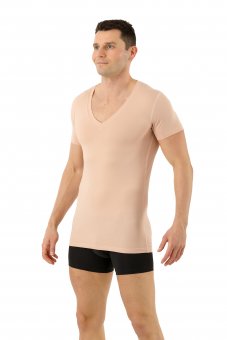 Invisible functional COOLMAX® cotton undershirt deep v-neck short sleeves beige 