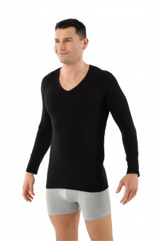 Men's long sleeve undershirt with v-neck organic stretch cotton black 
