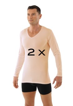 2-Pack thermal long sleeve undershirts v-neck stretch cotton beige 
