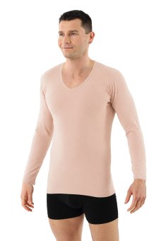 Men's long sleeve undershirt with v-neck organic stretch cotton beige 