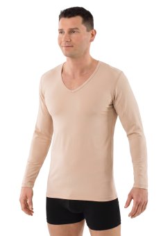 Men's long sleeve undershirt with v-neck organic stretch cotton beige 