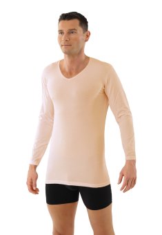 Men's long sleeve undershirt with v-neck organic stretch cotton beige 