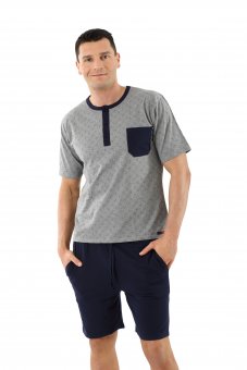 Men's pajamas with short sleeves and short pants stretch cotton, navy blue-gray 