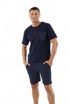 Men's pajamas with short sleeves and short pants stretch cotton, navy blue 