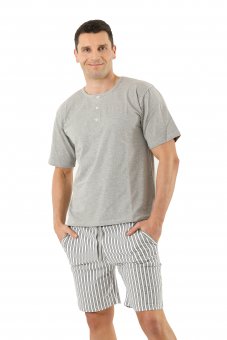Men's pajamas with short sleeves and short pants stretch cotton, gray with pattern 