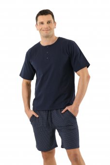 Men's pajamas with short sleeves and short pants stretch cotton, navy blue with pattern 
