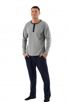 Men's pajamas with long sleeves and long pants stretch cotton navy blue-gray 