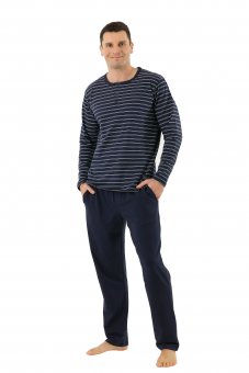 Men's pajamas with long sleeves and long pants stretch cotton navy blue 