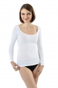 Women's long sleeve undershirt with deep scoop neck stretch cotton white 