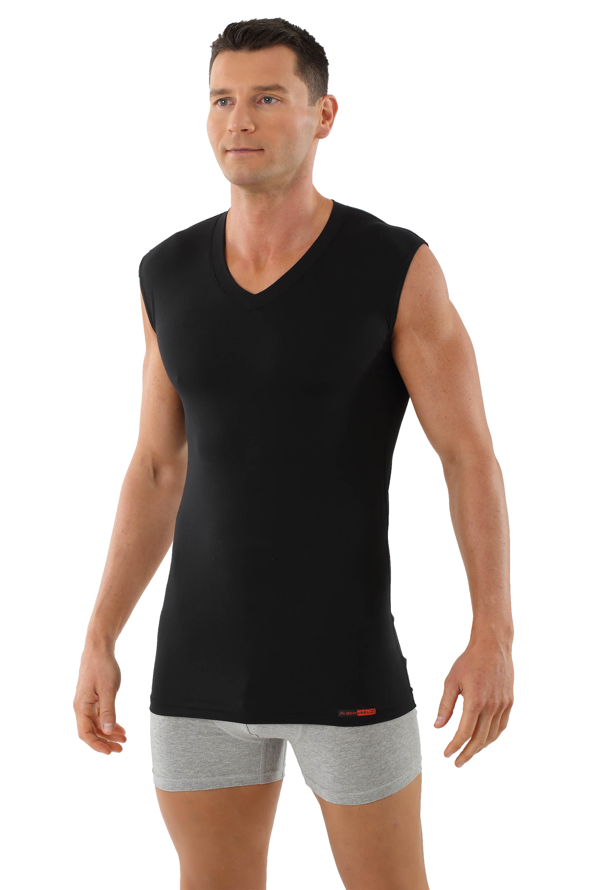 Albert Kreuz Men/’s Business Sleeveless V-Neck Undershirt Made of Soft and Light Stretch-Cotton Black
