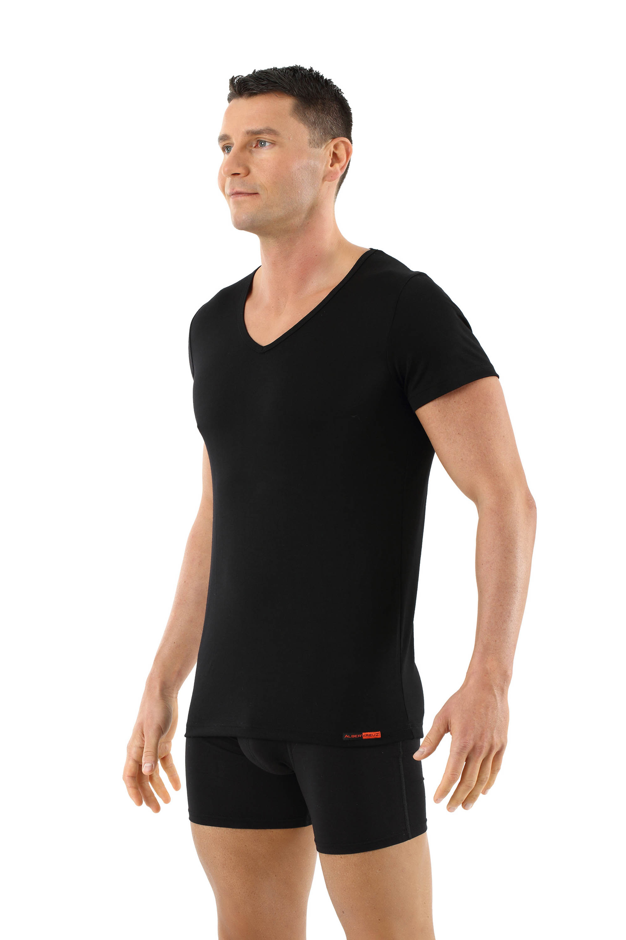 Men's undershirt merino wool short sleeves v-neck black | ALBERT KREUZ