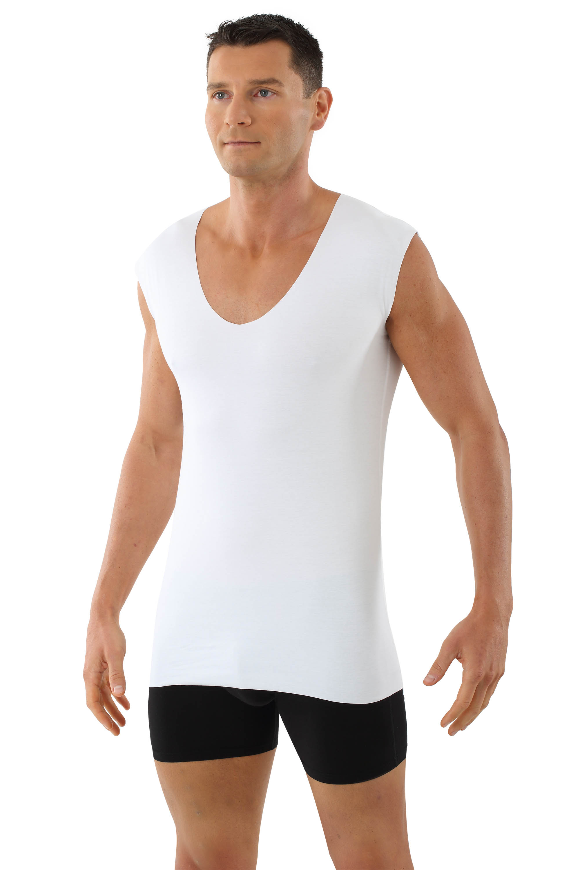 ALBERT KREUZ  Laser cut seamless deep v-neck undershirt sleeveless stretch  cotton white