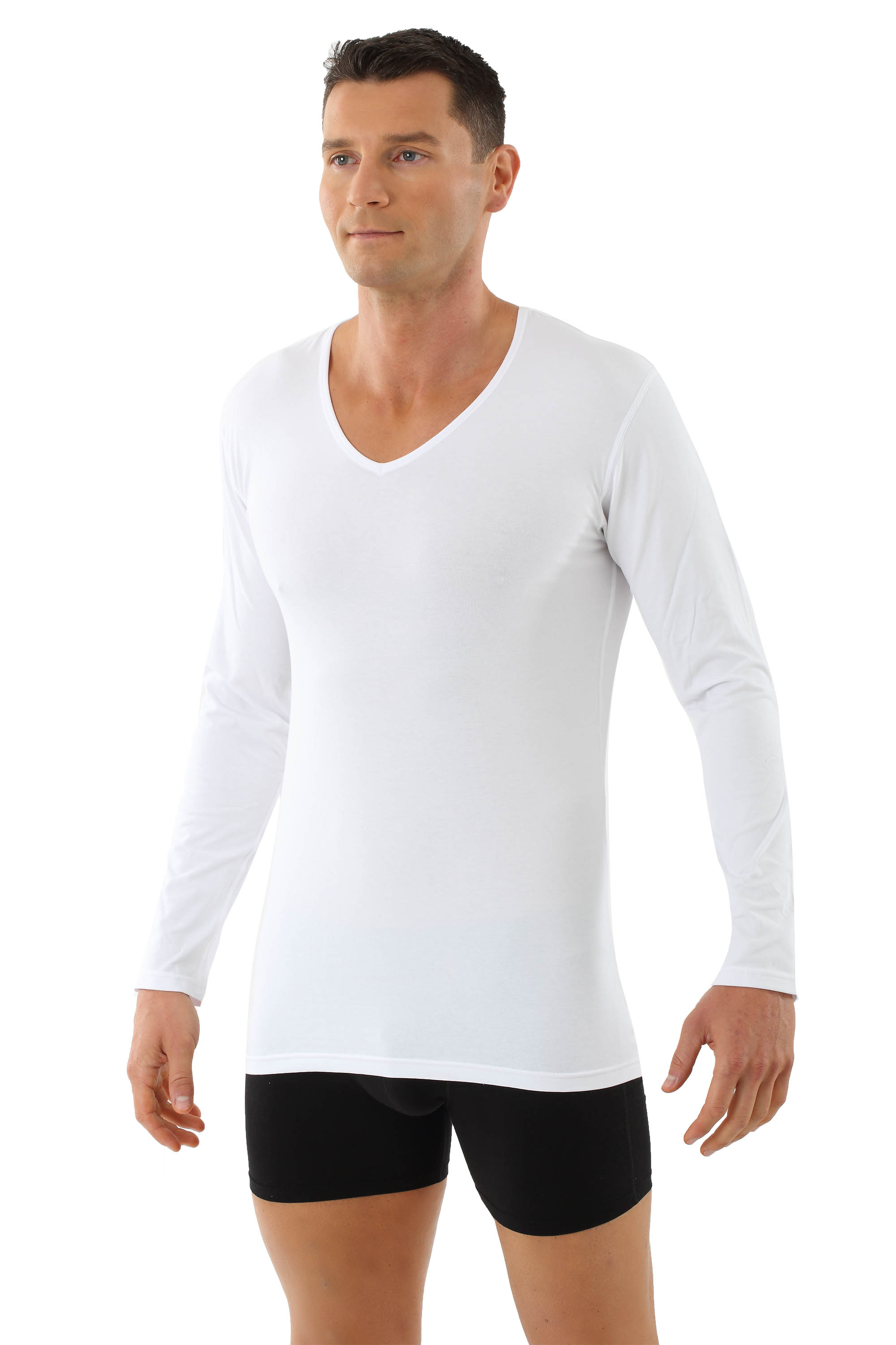 ALBERT KREUZ  Men's long sleeve undershirt with v-neck organic stretch  cotton white