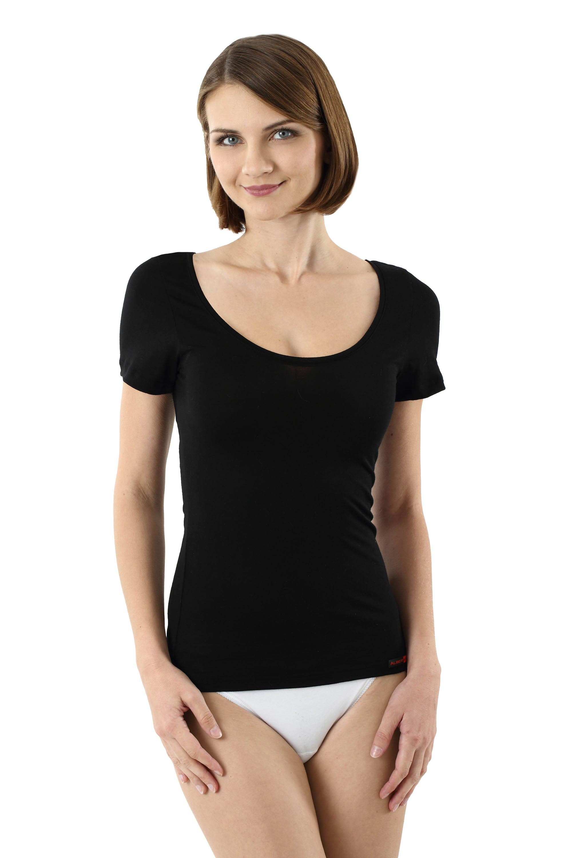 Women's undershirt merino wool short sleeves deep scoop neck black