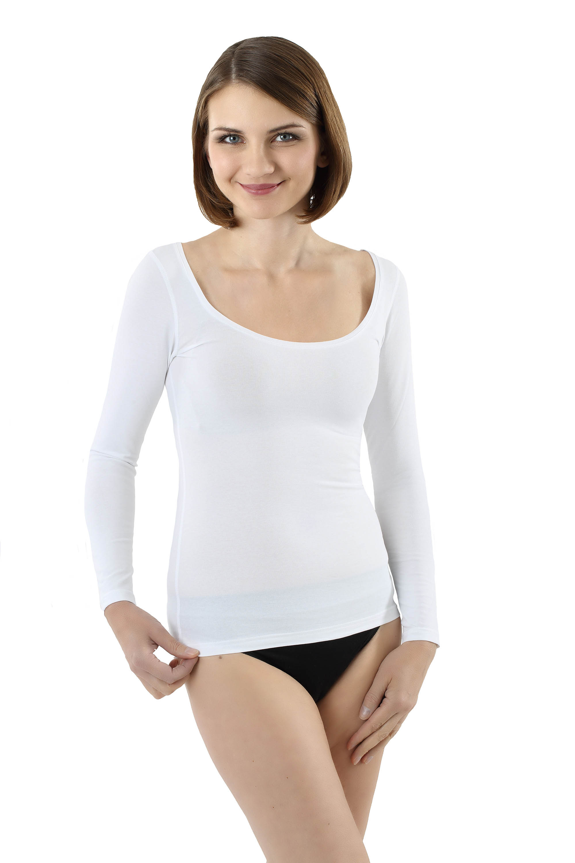 Women's long sleeve undershirt with deep scoop neck stretch cotton white