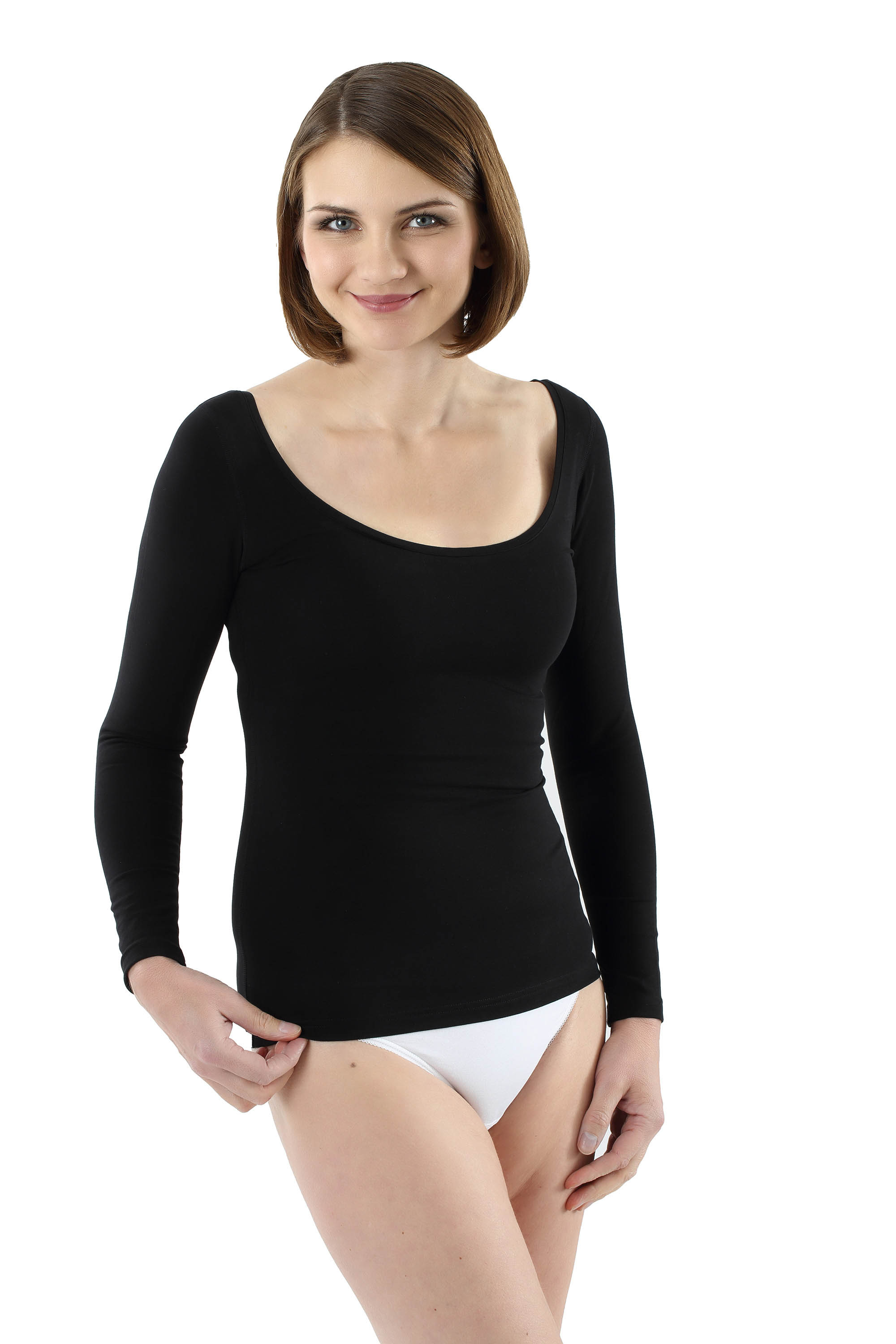 Albert Kreuz Womens Long Sleeve Undershirt With Deep Scoop Neck Stretch Cotton Black 