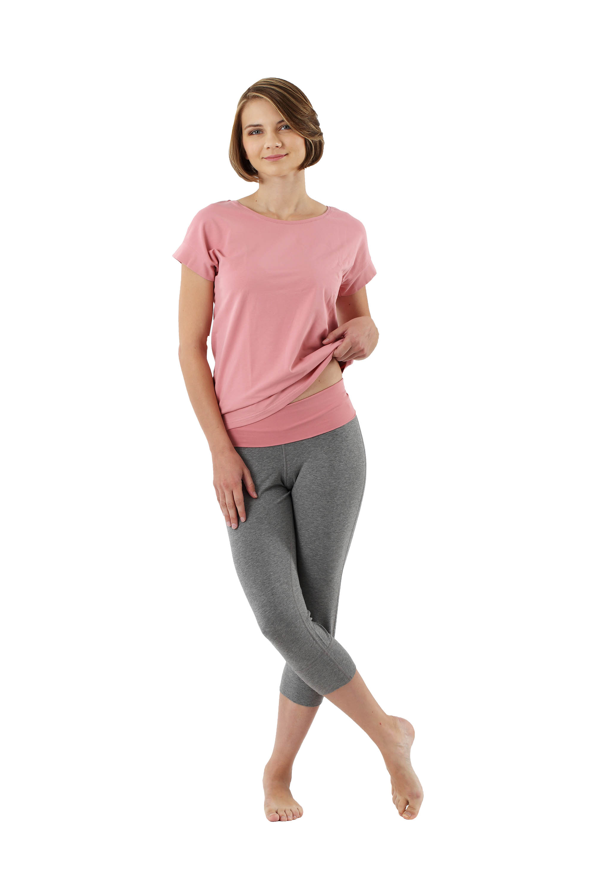Women's pajamas with short sleeves and 3/4 pants stretch cotton, pink-gray