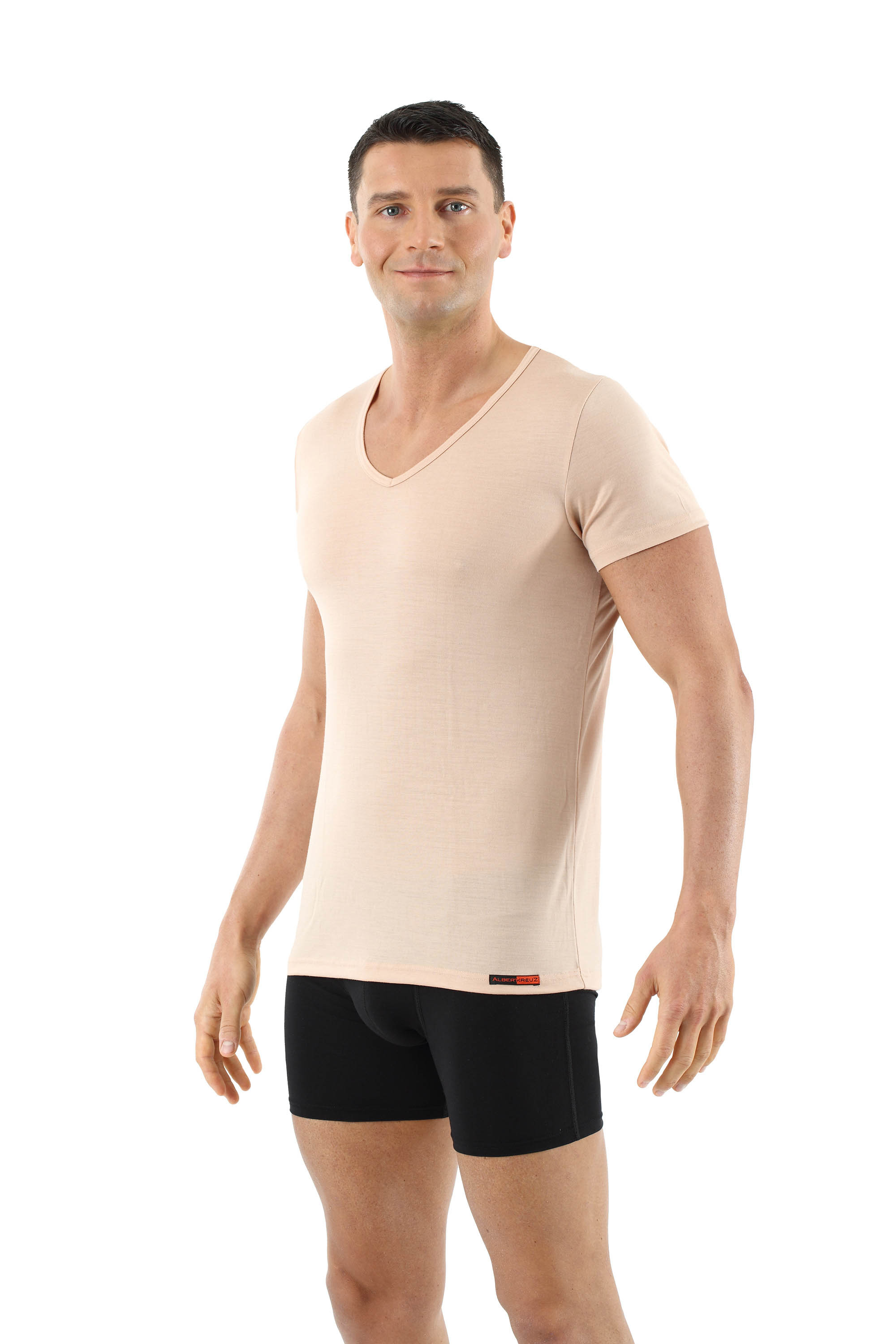 Men's invisible undershirt merino wool short sleeves v-neck beige
